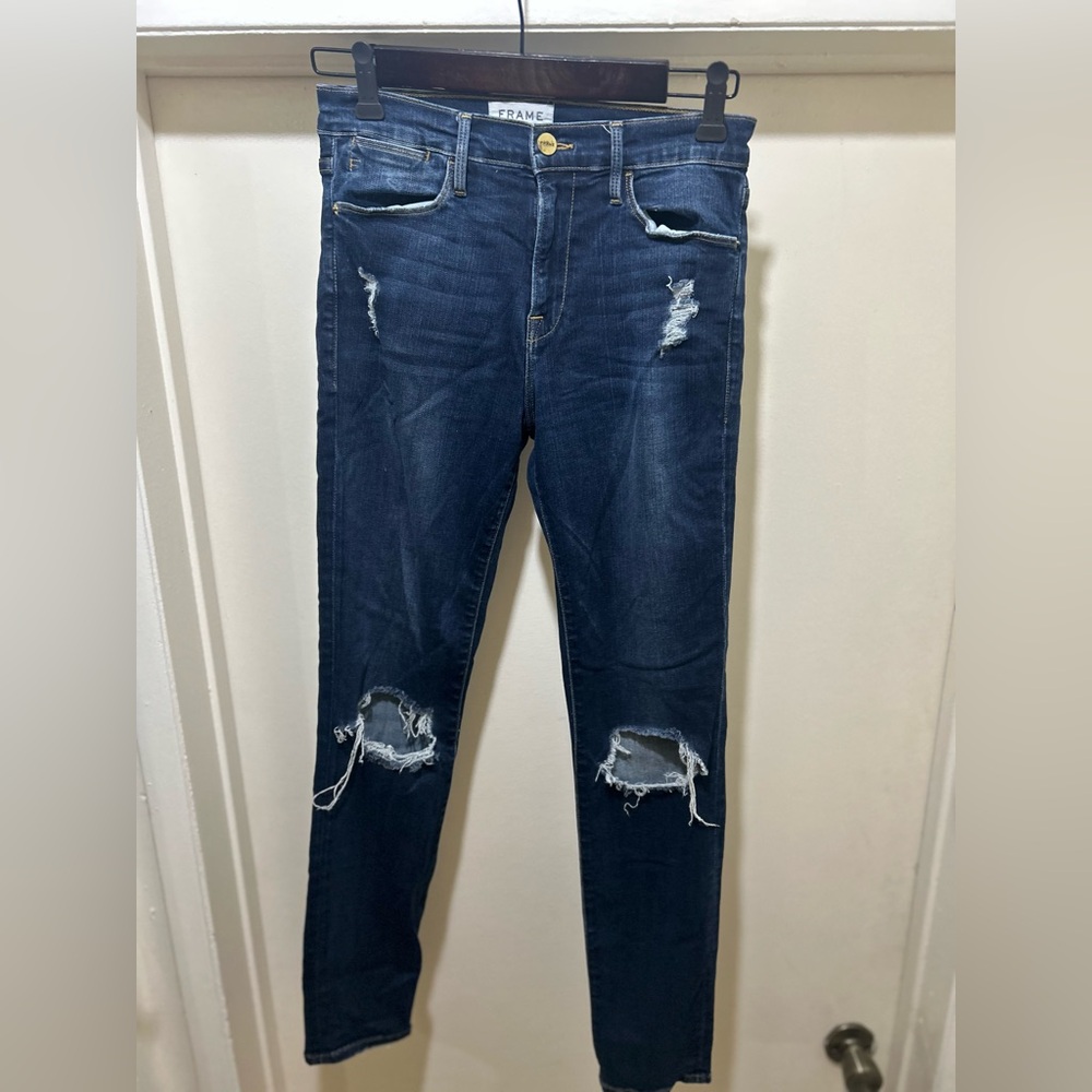 Frame Denim Le High Skinny Size 28 Distressed Dark Blue Womens Jeans Marlowe